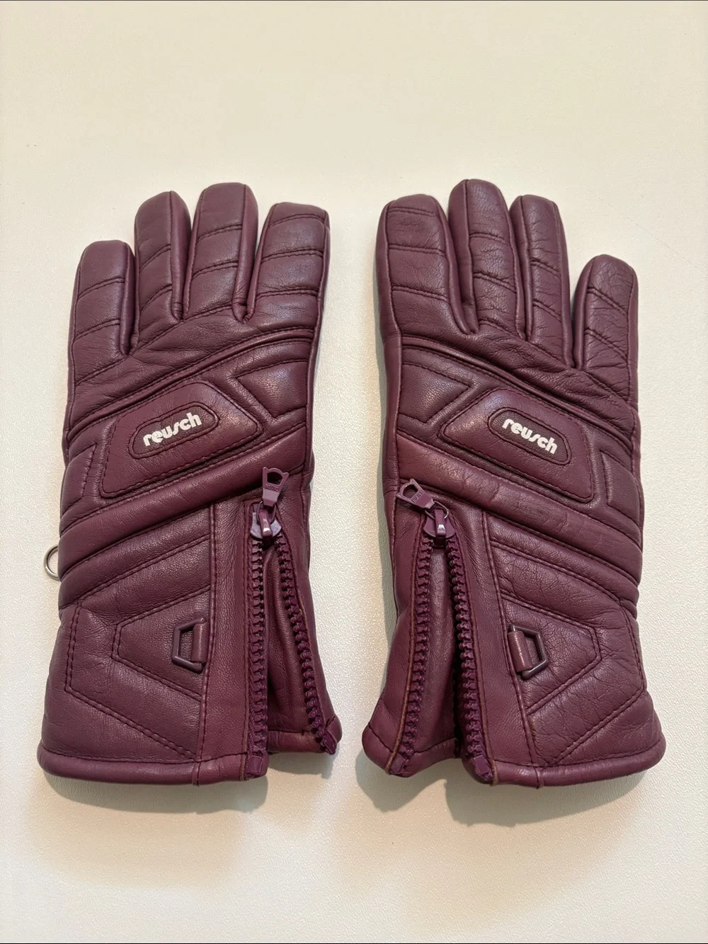 Reusch Women's Quilted Leather Ski Gloves in Burgundy